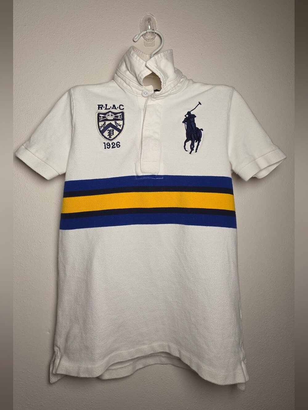 Ralph Lauren White Polo Shirt with Blue & Yellow Stripes - Kids